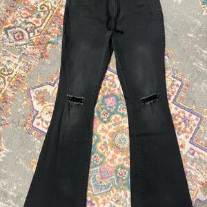 YMI Black Flare Wide Leg Jeans with Distressed Knees